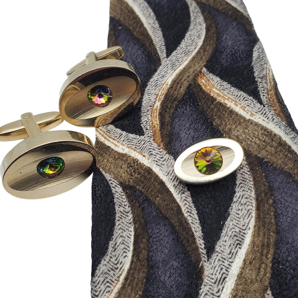 Gold Tone Cufflinks & Tie Pin Watermelon Rivoli Rhinestone Tack Coventry Riviera - Picture 9 of 9